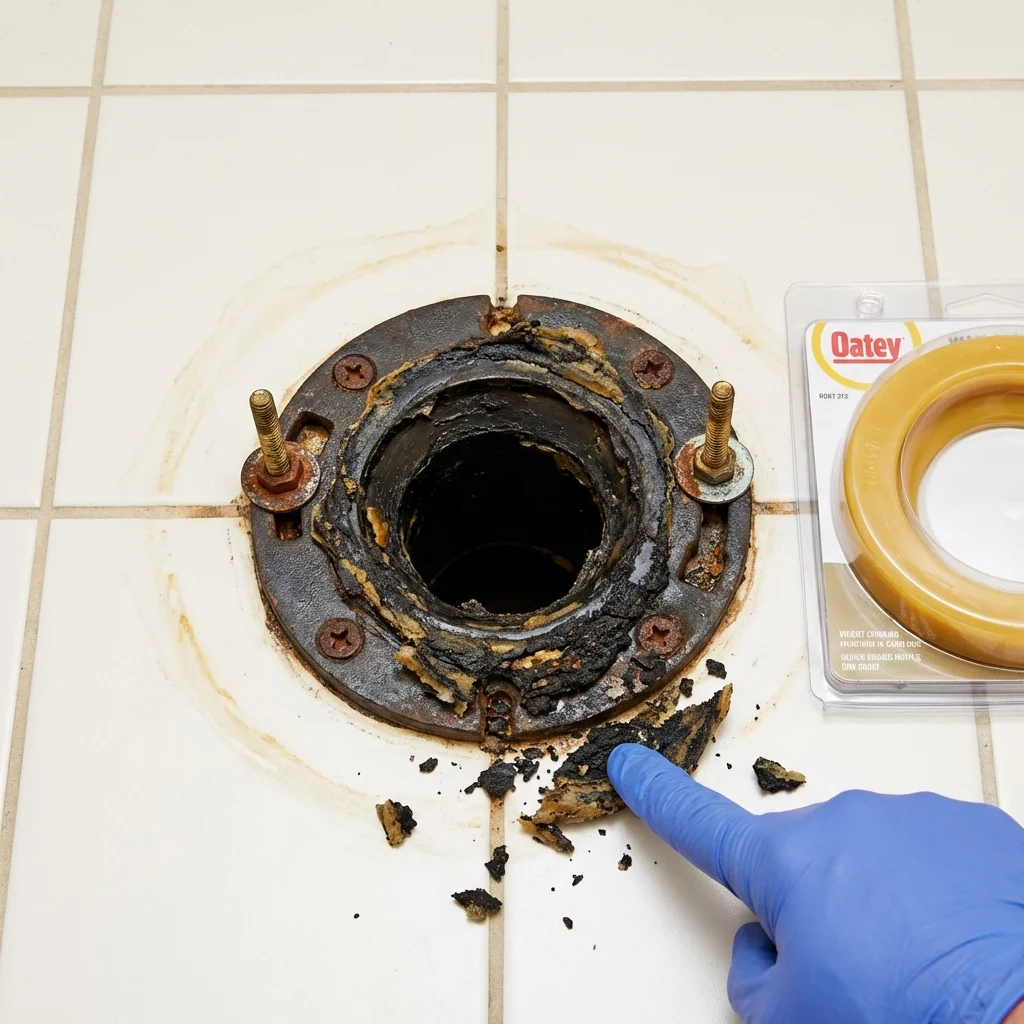 Failed wax ring showing water seepage at the base of a toilet in a Gentry, AR home